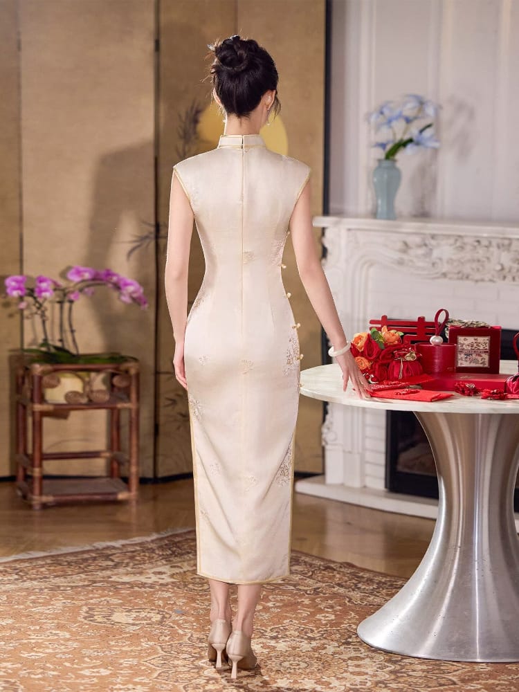 Beth and Brian Qipao-XLY Mia Beige Floral Embroidery, Acetate Long Cheongsam