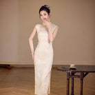 Beth and Brian Qipao-XLY Mia Beige Floral Embroidery, Acetate Long Cheongsam