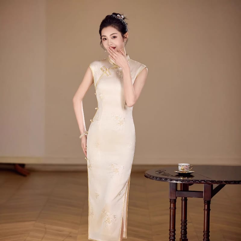 Beth and Brian Qipao-XLY Mia Beige Floral Embroidery, Acetate Long Cheongsam