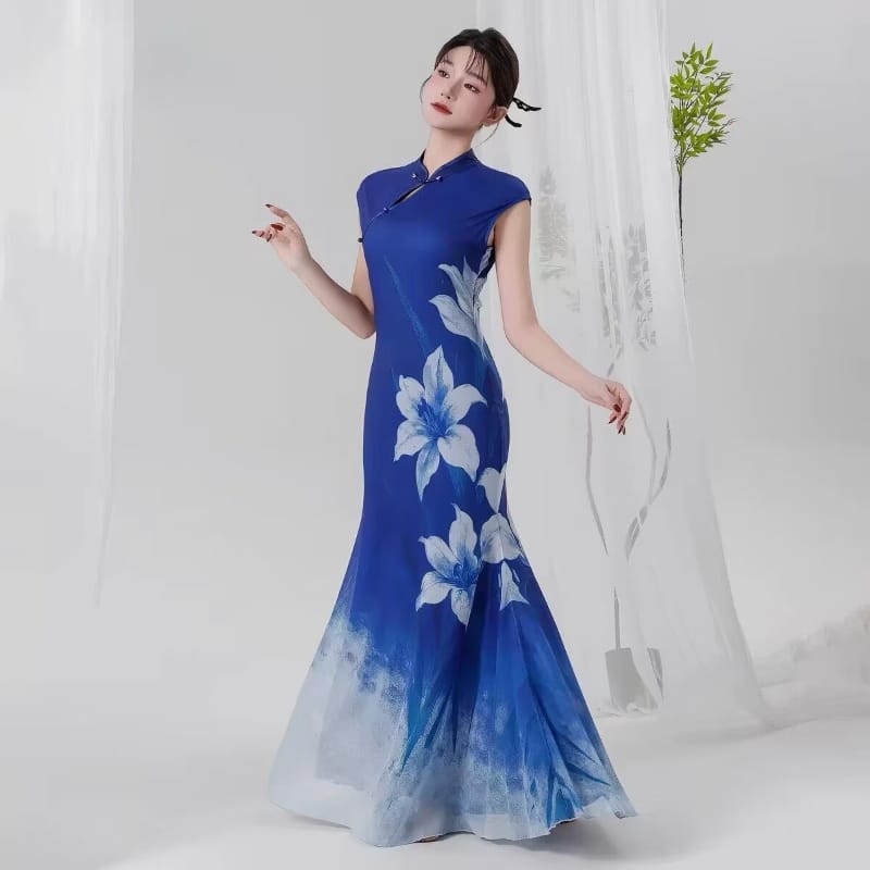 Beth and Brian qipao-QC Chloe Royal Blue Lily Mermaid Long Qipao Dance Dress