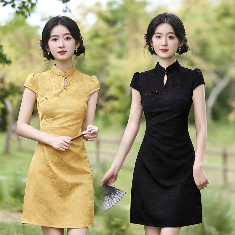 Beth and Brian Qipao-SMQ Hazel Solid Tone Jacquard Mini Qipao Dress