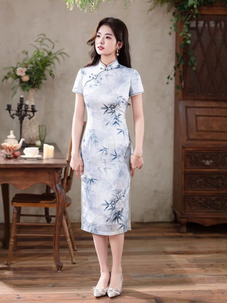 Beth and Brian Qipao-MYJ Iris Ink Bamboo & Floral Print Midi Cheongsam