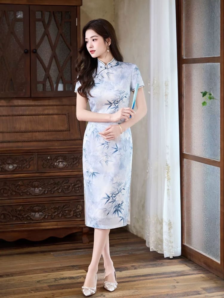 Beth and Brian Qipao-MYJ Iris Ink Bamboo & Floral Print Midi Cheongsam