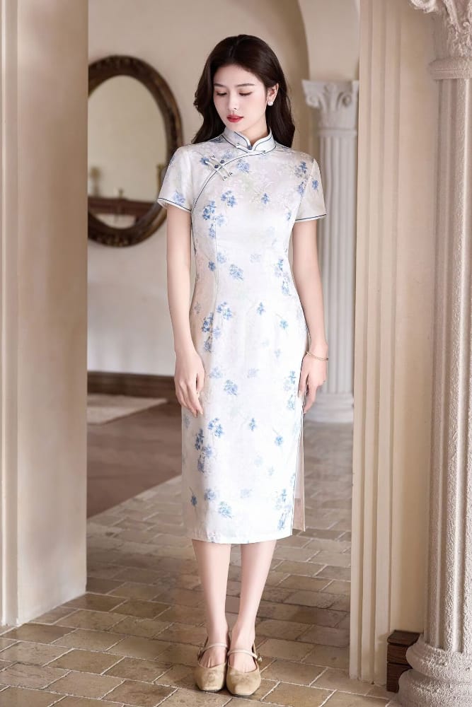 Beth and Brian Qipao-MYJ Iris Ink Bamboo & Floral Print Midi Cheongsam