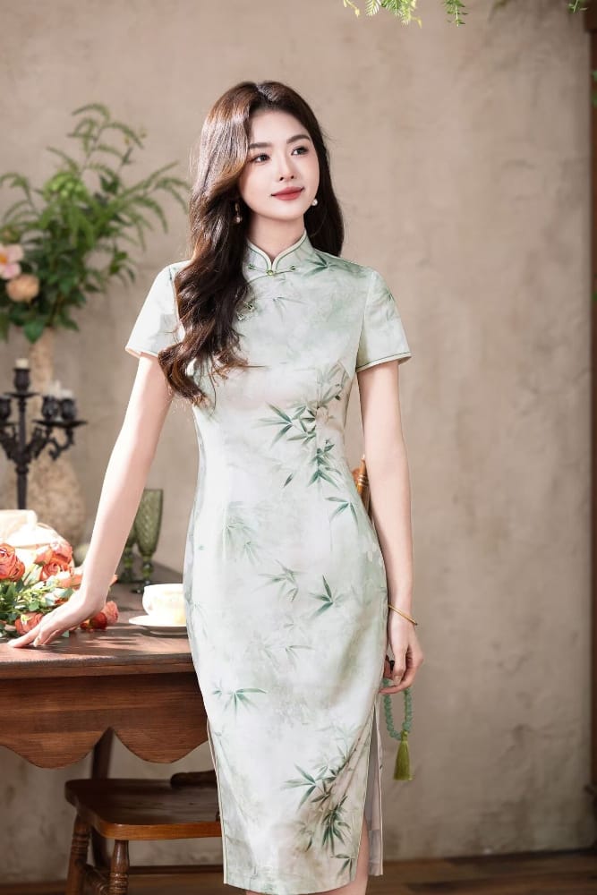 Beth and Brian Qipao-MYJ Iris Ink Bamboo & Floral Print Midi Cheongsam