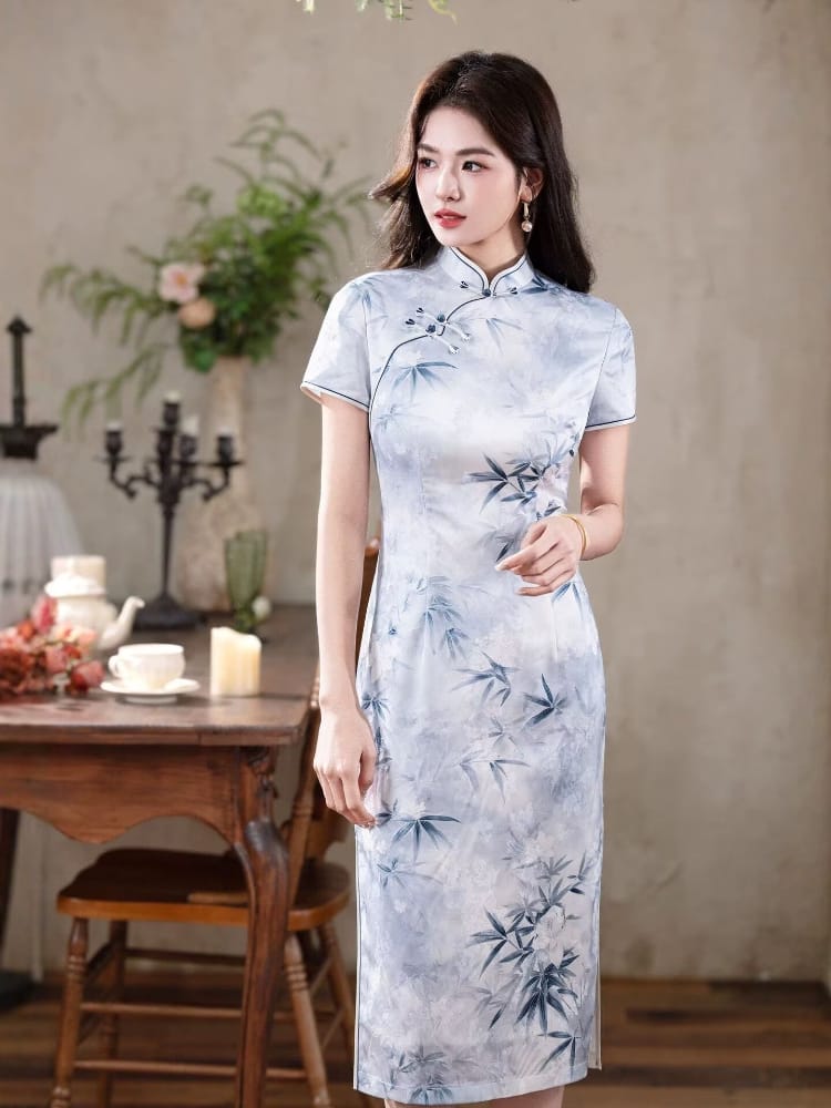 Beth and Brian Qipao-MYJ Iris Ink Bamboo & Floral Print Midi Cheongsam