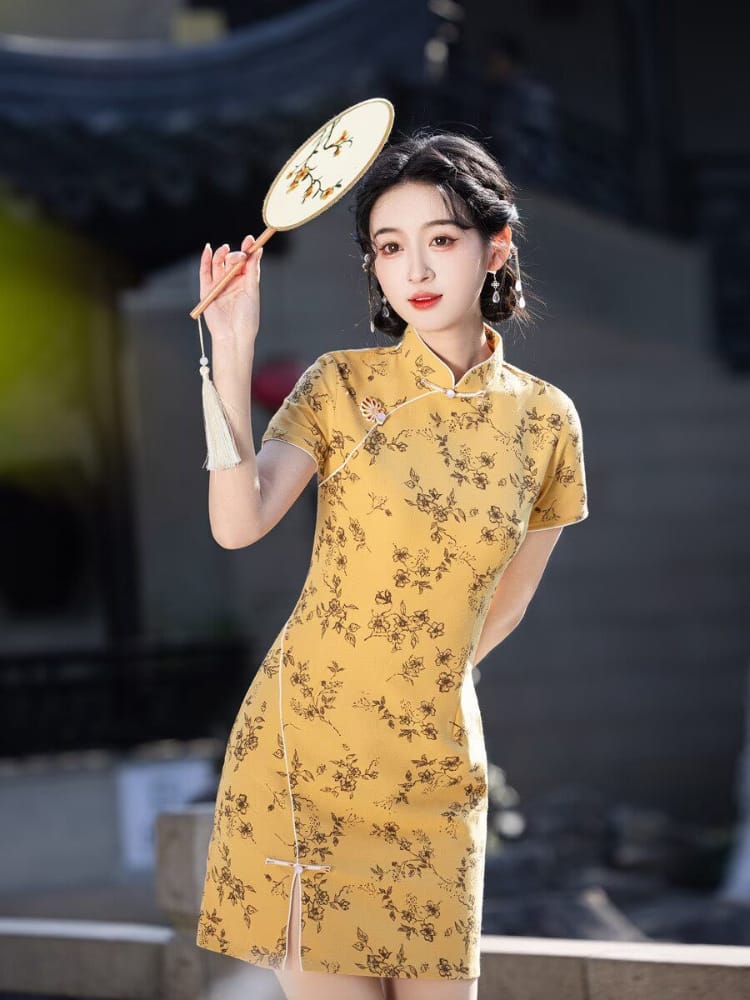 Beth and Brian Qipao-MYJ Zoe Vintage Scattered Floral Vine Print Mini Qipao Dress