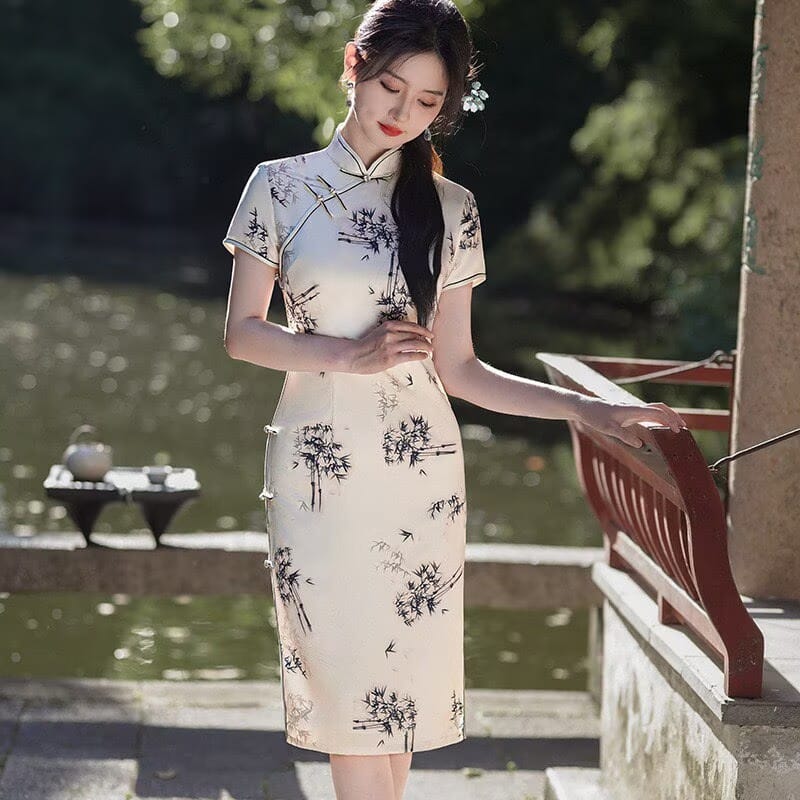 Beth and Brian qipao-LGD Mia Multi-Print Satin Midi Qipao Dress