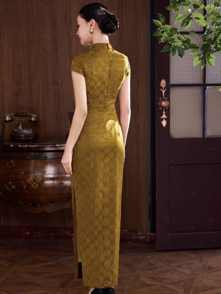 Beth and Brian Qipao-XLY Clara Vintage Geometric Jacquard Satin Long Qipao Dress