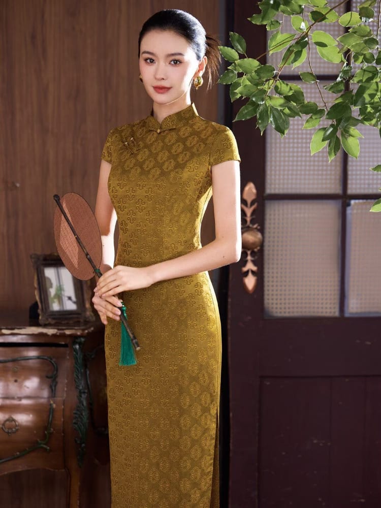 Beth and Brian Qipao-XLY Clara Vintage Geometric Jacquard Satin Long Qipao Dress