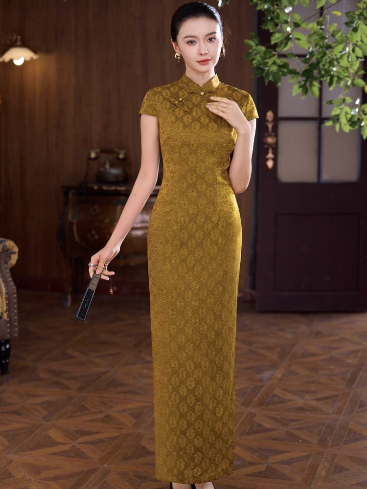 Beth and Brian Qipao-XLY Clara Vintage Geometric Jacquard Satin Long Qipao Dress