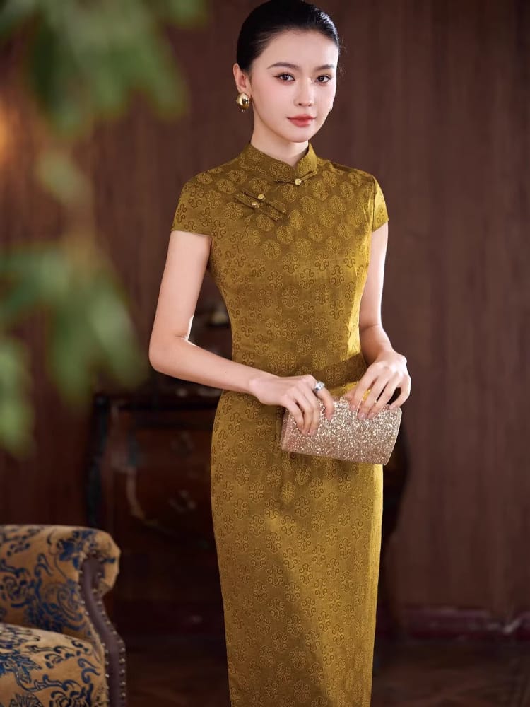 Beth and Brian Qipao-XLY Clara Vintage Geometric Jacquard Satin Long Qipao Dress
