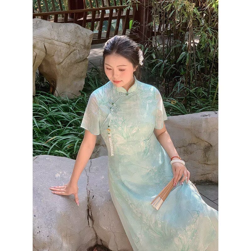 Beth and Brian qipao-NX Chloe Ink Orchid Print Plus Size Midi Ao Dai Qipao Dress