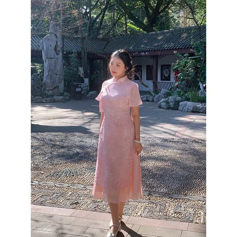 Beth and Brian qipao-NX Chloe Ink Orchid Print Plus Size Midi Ao Dai Qipao Dress
