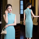 Beth and Brian qipao-XQ Bonnie Solid Tiny Polkadot Long Cheongsam