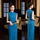 Beth and Brian qipao-XQ Bonnie Solid Tiny Polkadot Long Cheongsam