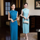 Beth and Brian qipao-XQ Bonnie Solid Tiny Polkadot Long Cheongsam