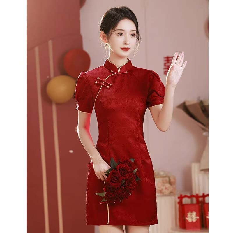 Beth and Brian qipao-DAF Stella Red Jacquard Mini Wedding Qipao Dress
