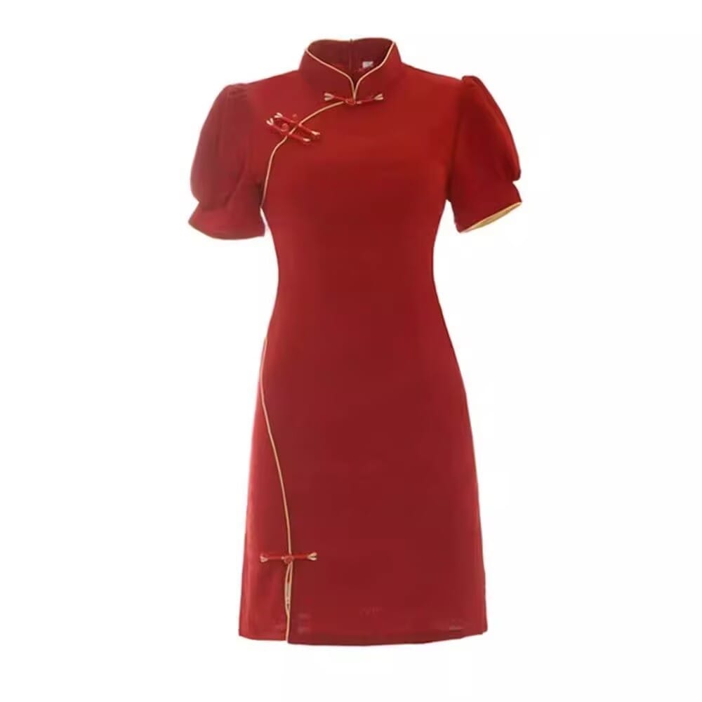 Beth and Brian qipao-DAF Stella Red Jacquard Mini Wedding Qipao Dress