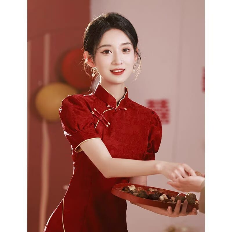 Beth and Brian qipao-DAF Stella Red Jacquard Mini Wedding Qipao Dress