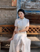 Beth and Brian qipao-NX Mia Light Blue Floral Print Long Plus Size Cheongsam Dress