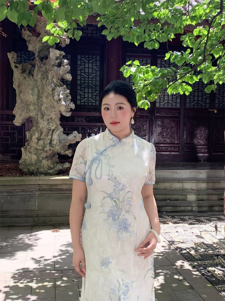 Beth and Brian qipao-NX Mia Light Blue Floral Print Long Plus Size Cheongsam Dress