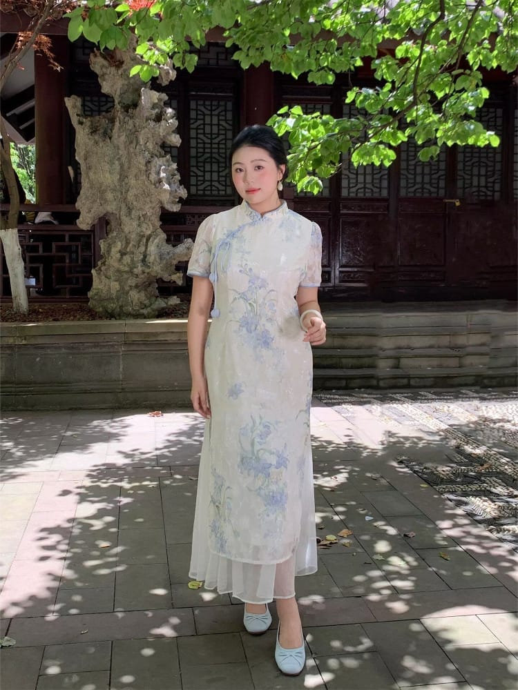 Beth and Brian qipao-NX Mia Light Blue Floral Print Long Plus Size Cheongsam Dress