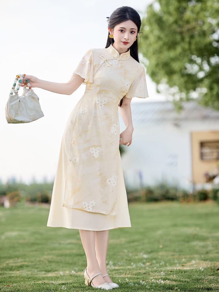 Beth and Brian Qipao-LSB Chloe Pale Yellow Watercolor Floral Mid-Length Ao Dai Cheongsam Dress