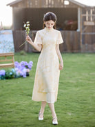 Beth and Brian Qipao-LSB Chloe Pale Yellow Watercolor Floral Mid-Length Ao Dai Cheongsam Dress