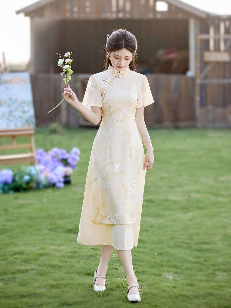 Beth and Brian Qipao-LSB Chloe Pale Yellow Watercolor Floral Mid-Length Ao Dai Cheongsam Dress