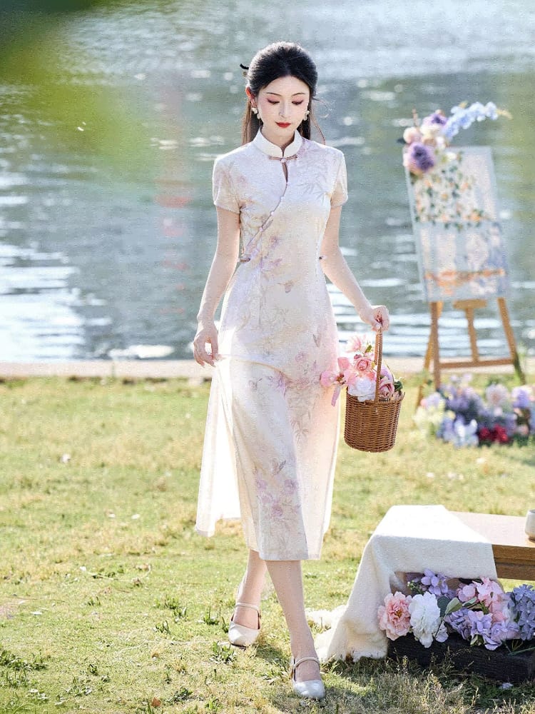 Beth and Brian Qipao-LSB Ivy Bamboo Floral Print Mid-Length Cheongsam Dress
