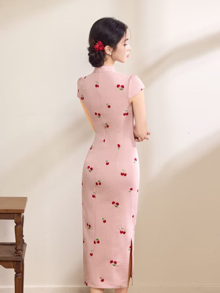 Beth and Brian Qipao-LSB Hazel Pink Cherry Embroidery Mid-Length Cheongsam Dress