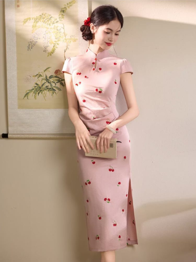 Beth and Brian Qipao-LSB Hazel Pink Cherry Embroidery Mid-Length Cheongsam Dress