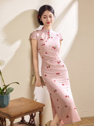 Beth and Brian Qipao-LSB Hazel Pink Cherry Embroidery Mid-Length Cheongsam Dress