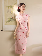 Beth and Brian Qipao-LSB Hazel Pink Cherry Embroidery Mid-Length Cheongsam Dress
