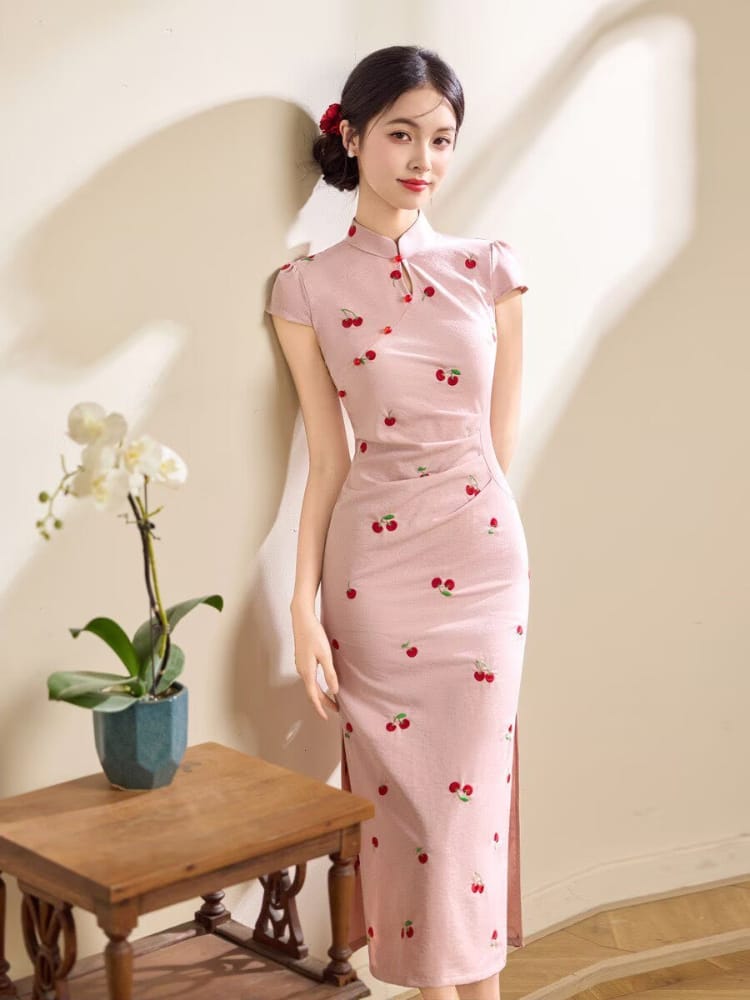 Beth and Brian Qipao-LSB Hazel Pink Cherry Embroidery Mid-Length Cheongsam Dress