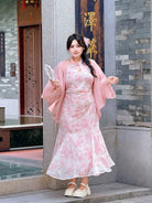 Beth and Brian qipao-NX Lily Pink Floral Chiffon Mid-Length Plus Size Cheongsam Set