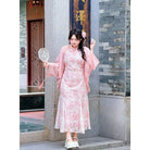 Beth and Brian qipao-NX Lily Pink Floral Chiffon Mid-Length Plus Size Cheongsam Set