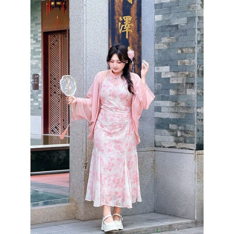 Beth and Brian qipao-NX Lily Pink Floral Chiffon Mid-Length Plus Size Cheongsam Set