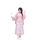 Beth and Brian qipao-NX Lily Pink Floral Chiffon Mid-Length Plus Size Cheongsam Set