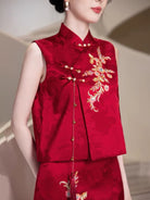 Beth and Brian Qipao-WX Lila Red Floral Embroidery Two Piece Cheongsam Set