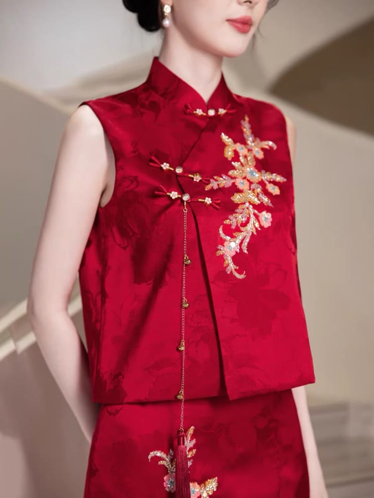 Beth and Brian Qipao-WX Lila Red Floral Embroidery Two Piece Cheongsam Set