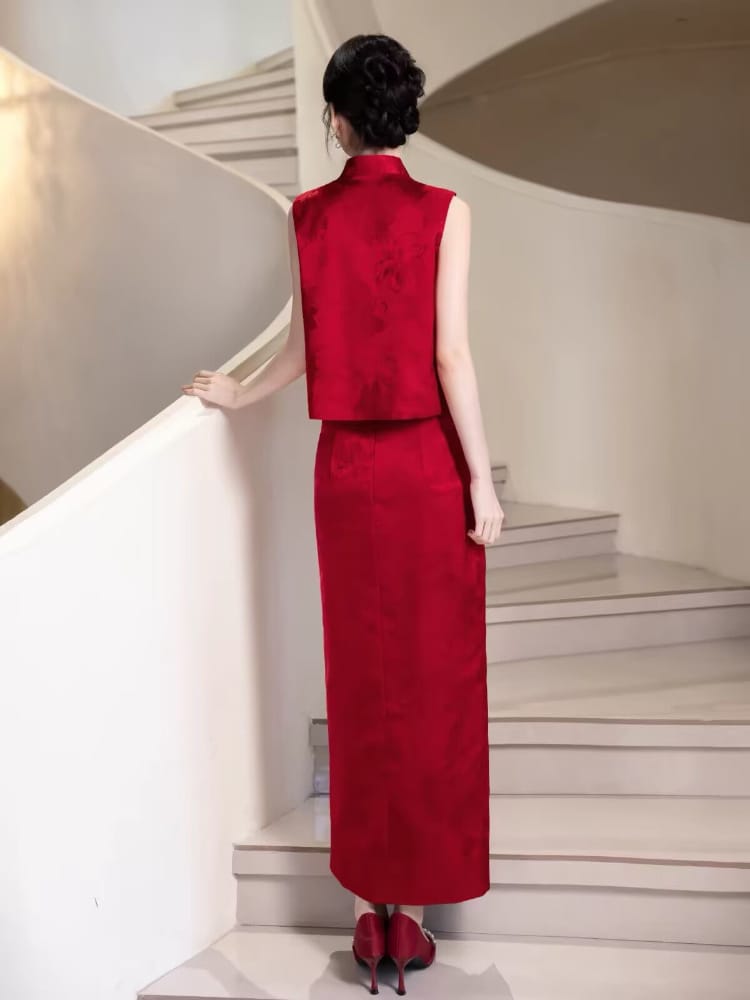Beth and Brian Qipao-WX Lila Red Floral Embroidery Two Piece Cheongsam Set