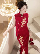 Beth and Brian Qipao-WX Lila Red Floral Embroidery Two Piece Cheongsam Set