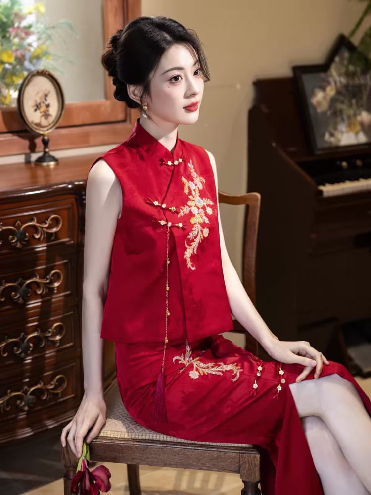 Beth and Brian Qipao-WX Lila Red Floral Embroidery Two Piece Cheongsam Set