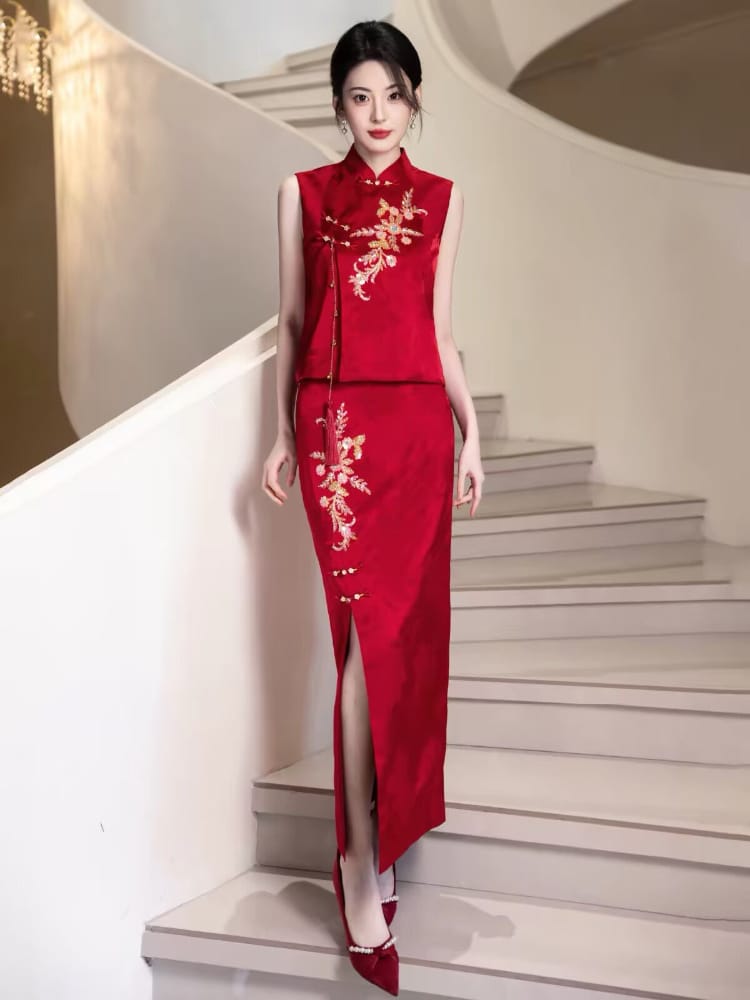 Beth and Brian Qipao-WX Lila Red Floral Embroidery Two Piece Cheongsam Set