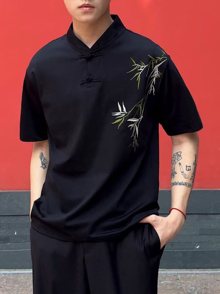 Beth and Brian Qipao-ESS Men's Chinese Bamboo Embroidery Stand Collar Tang Suit shirt