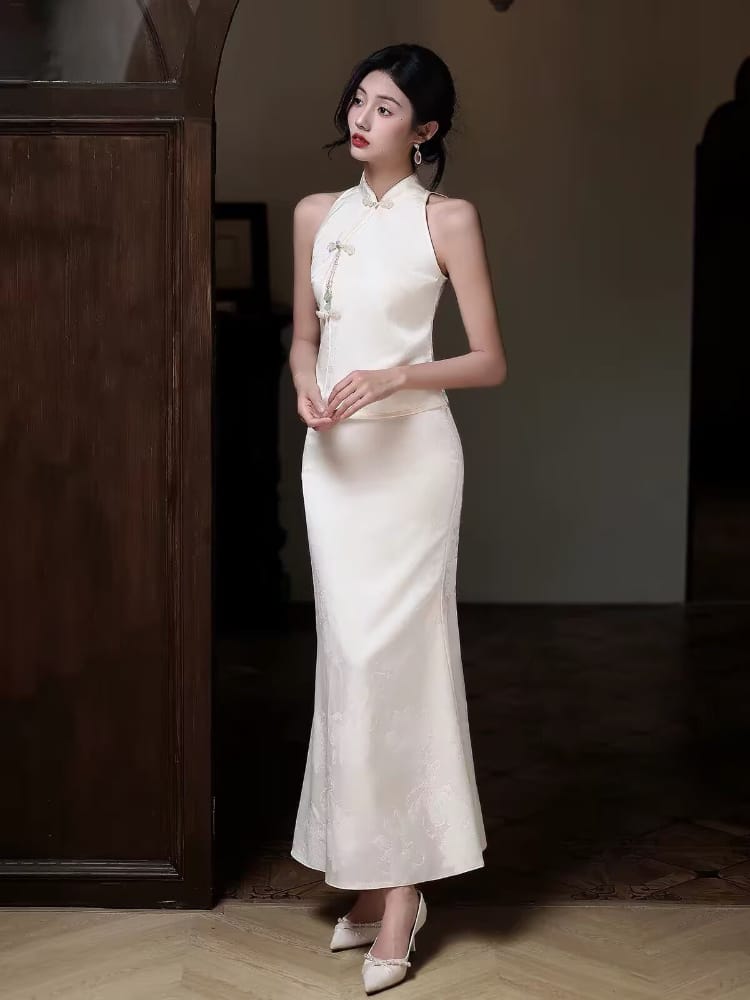 Beth and Brian Qipao-WX Zoe Jacquard Satin Split Two-Piece Cheongsam Set