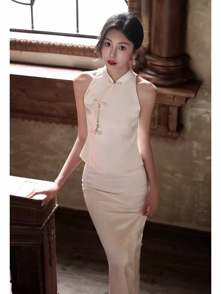 Beth and Brian Qipao-WX Zoe Jacquard Satin Split Two-Piece Cheongsam Set