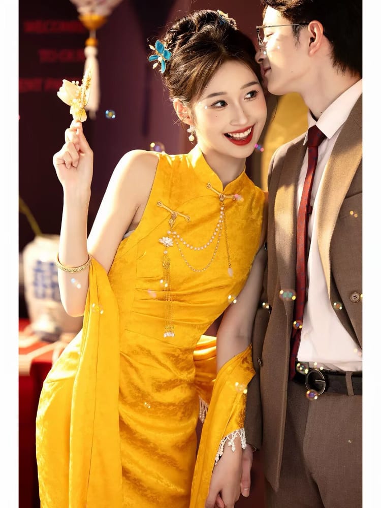 Beth and Brian Qipao-WX Chloe Sleeveless Jacquard Satin Long Cheongsam With Shawl